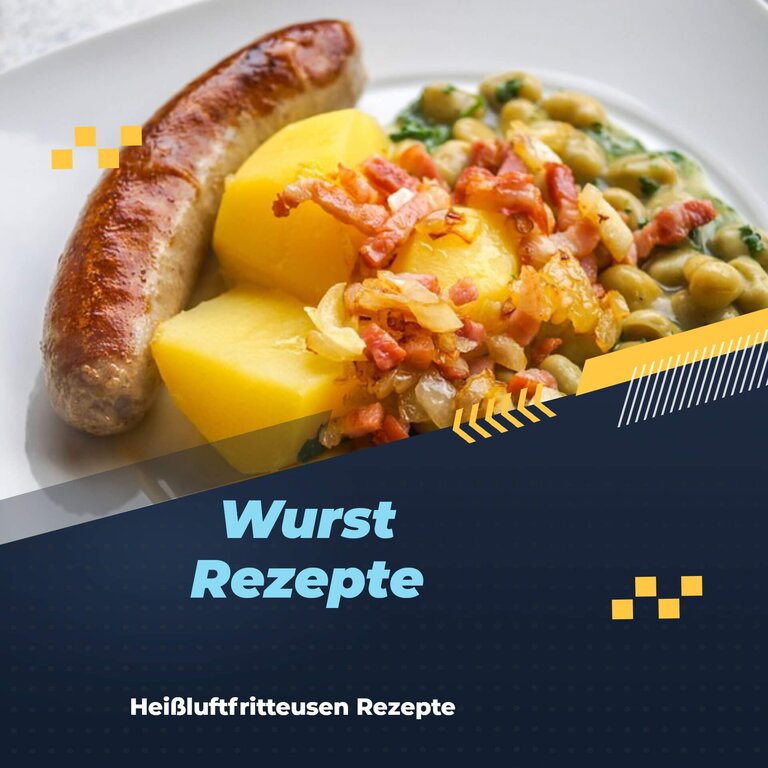 Perfektes Bratwurst knusprig und saftig aus der Heißluftfritteuse auf einem Teller angerichtet, Nahaufnahme