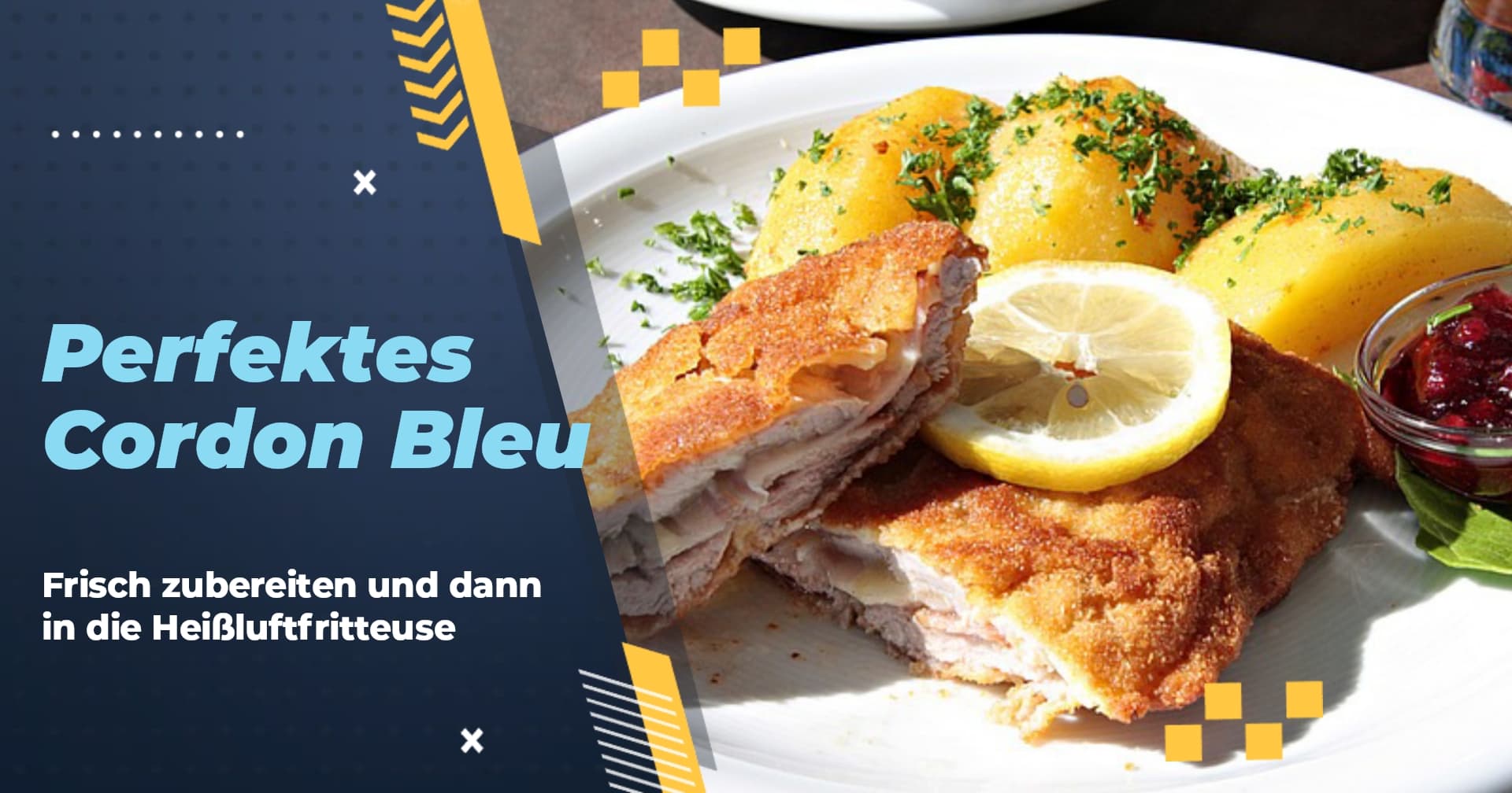 Perfektes Cordon Bleu knusprig und saftig aus der Heißluftfritteuse auf einem Teller angerichtet, Nahaufnahme