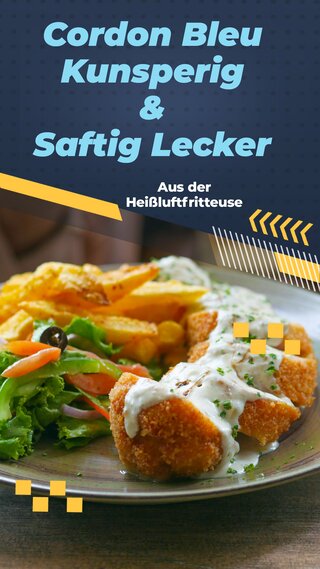 Leckeres Cordon Bleu knusprig und saftig auf einem Teller mit Kartoffelspalten präsentiert, frisch aus der Heißluftfritteuse